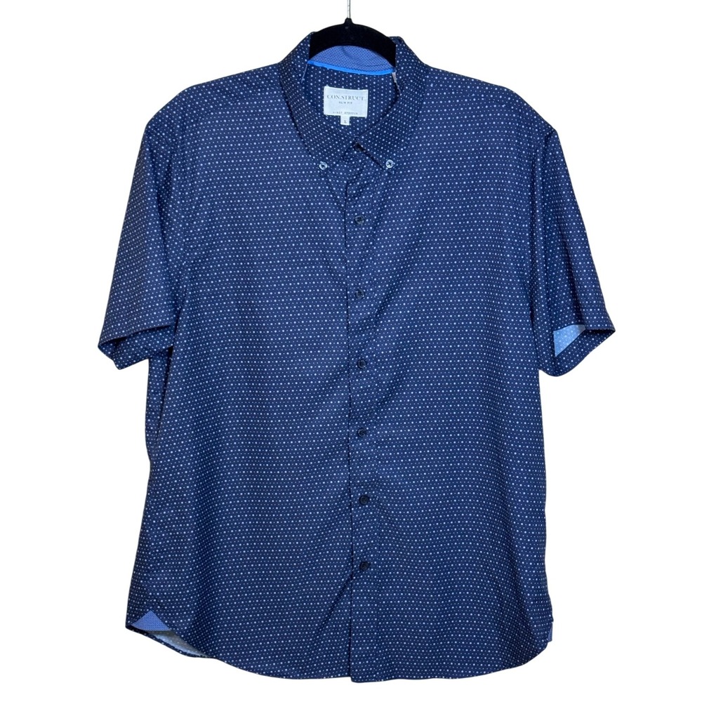CONSTRUCT Mens Slim Fit Short Sleeve Button Down Size L  Dot Print 4 Way Stretch